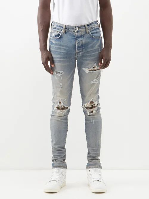 Plaid-patch Distressed Jeans - Mens - Blue