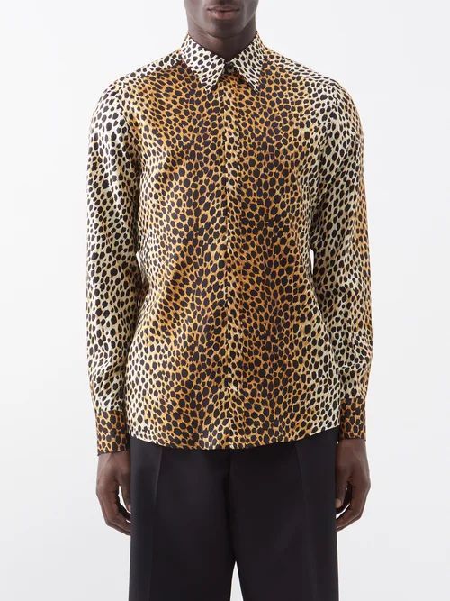 Ocelot-print Silk-satin Shirt - Mens - Black Brown Multi