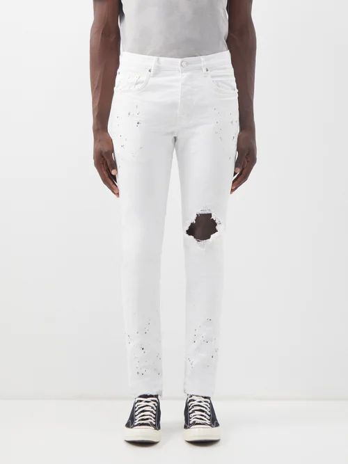 P001 Splatter-print Distressed Slim-leg Jeans - Mens - White
