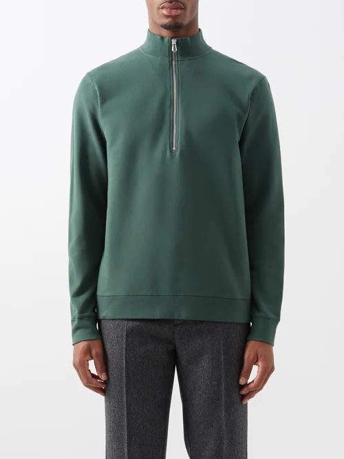 Zip-neck Cotton-jersey Sweatshirt - Mens - Green