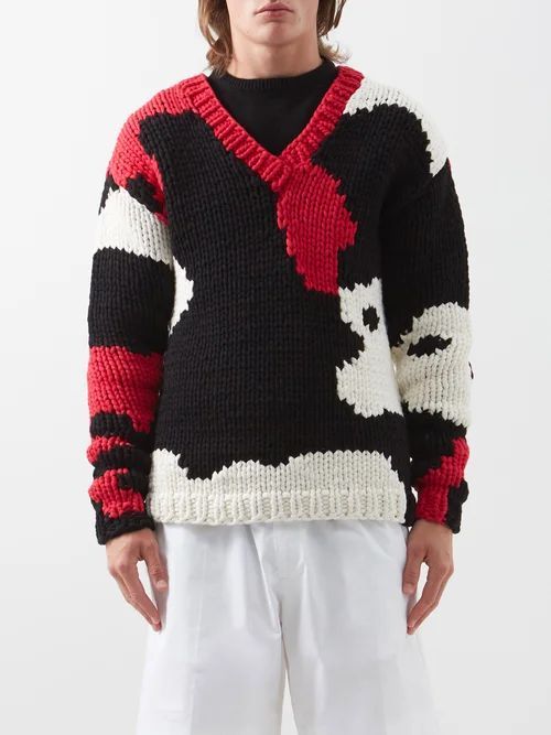 Abstract-intarsia Hand-knitted Sweater - Mens - Black Red