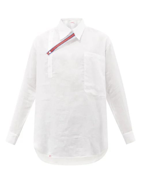 Oversized Throat-latch Linen Shirt - Mens - White