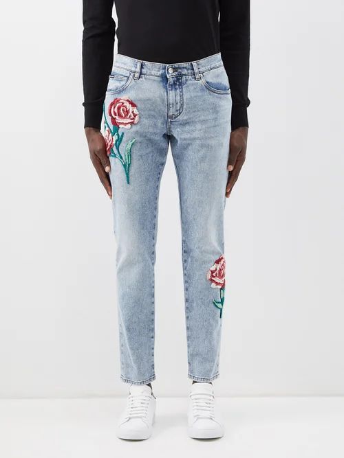 Flower-appliqué Straight-leg Jeans - Mens - Blue Multi