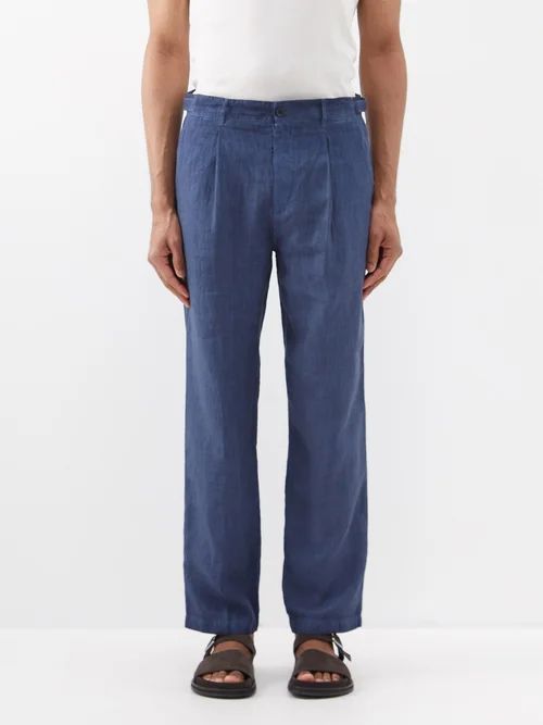 120% Lino - Slim-leg Pleated Linen Suit Trousers - Mens - Navy