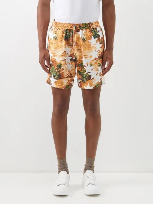 Tropical-print Silk-twill Bermuda Shorts - Mens - Orange Multi