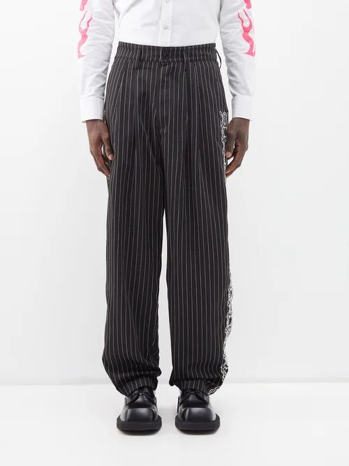Pinstripe Pleated Cotton-twill Trousers - Mens - Black