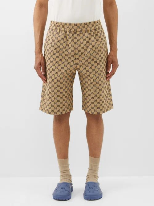 Elasticated-waist Cotton-blend Gg-jacquard Shorts - Mens - Brown Multi