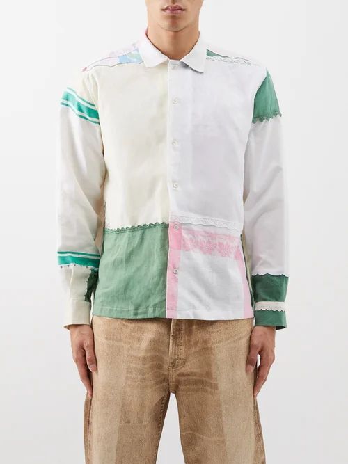 Embroidered Patchwork-napkin Linen-blend Shirt - Mens - Multi
