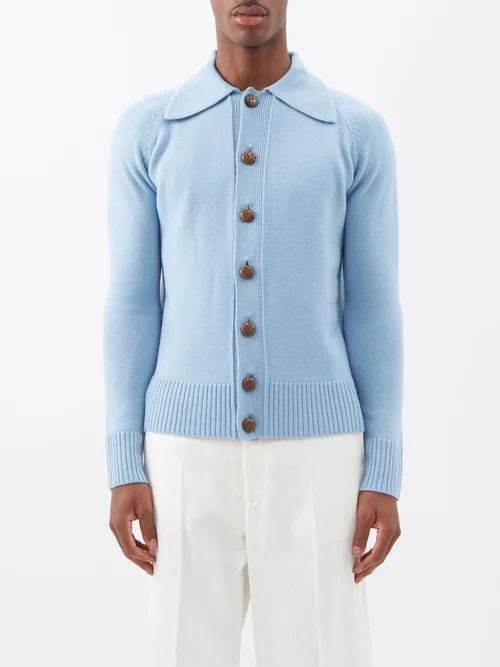 Nino Spread-collar Wool Cardigan - Mens - Light Blue