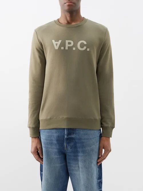 Vpc Flocked-logo Organic Cotton-jersey Sweatshirt - Mens - Khaki