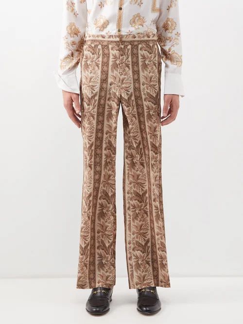 Botanical-print Silk-twill Flared Trousers - Mens - Brown Multi