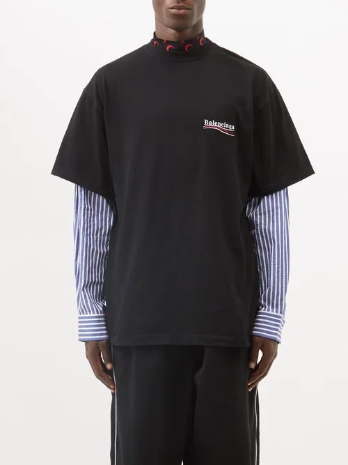 Striped-panel Cotton-jersey Long-sleeved T-shirt - Mens - Black White