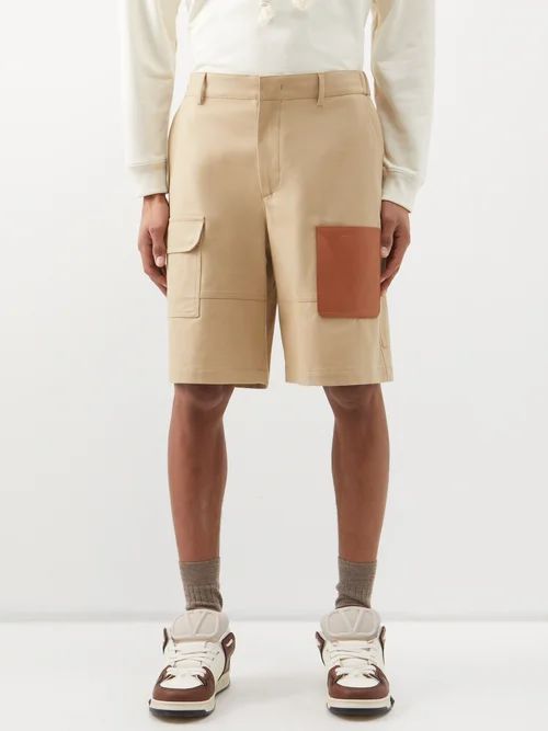 Leather-patch Cotton-canvas Bermuda Shorts - Mens - Khaki Brown