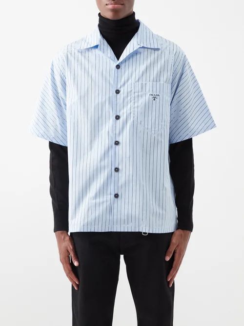 Logo Broken-pinstripe Cotton Short-sleeved Shirt - Mens - Light Blue Black