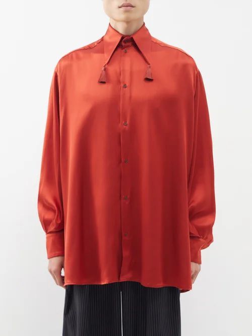 Tassel-collar Silk-satin Shirt - Mens - Coral