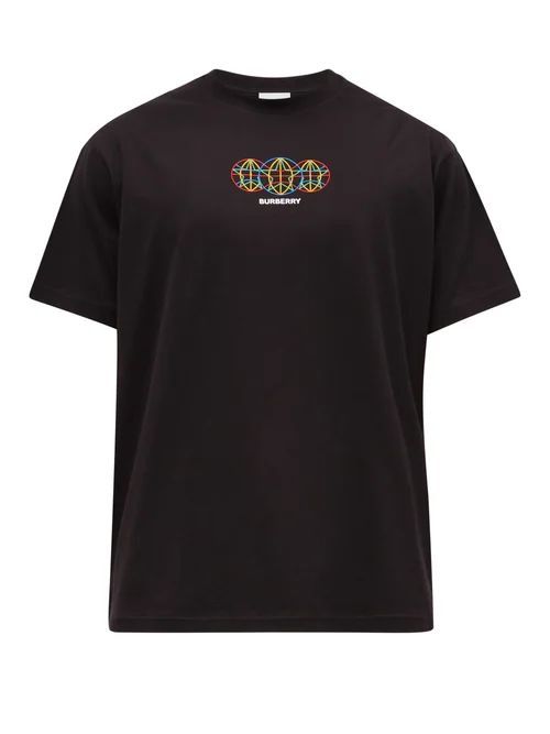 Tunbury Globe-embroidered Cotton T-shirt - Mens - Black