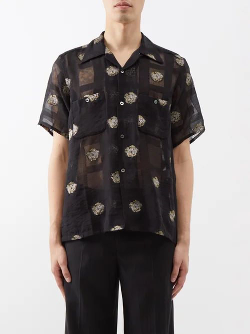 One Up Embroidered Gauze Short-sleeved Shirt - Mens - Black