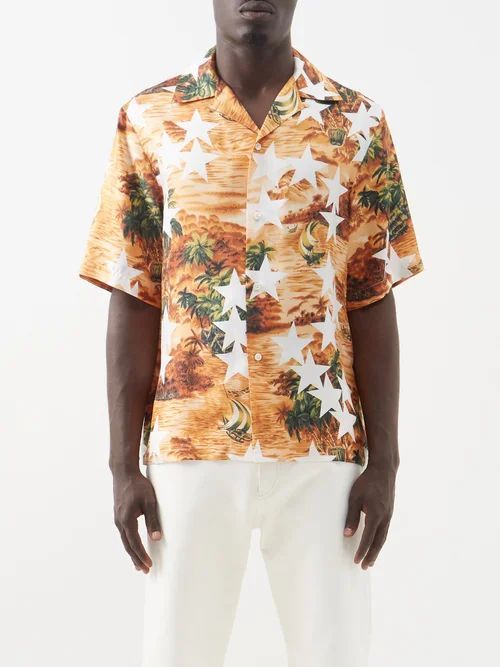 Tropical Star Silk-twill Shirt - Mens - Orange Multi