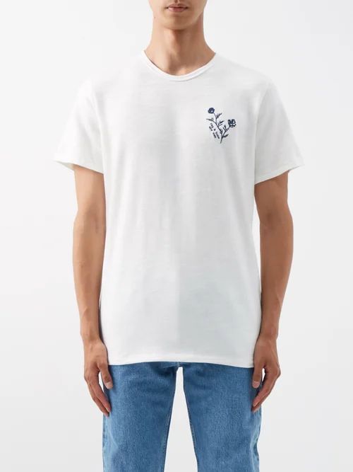 Floral-embroidered Cotton-jersey T-shirt - Mens - White