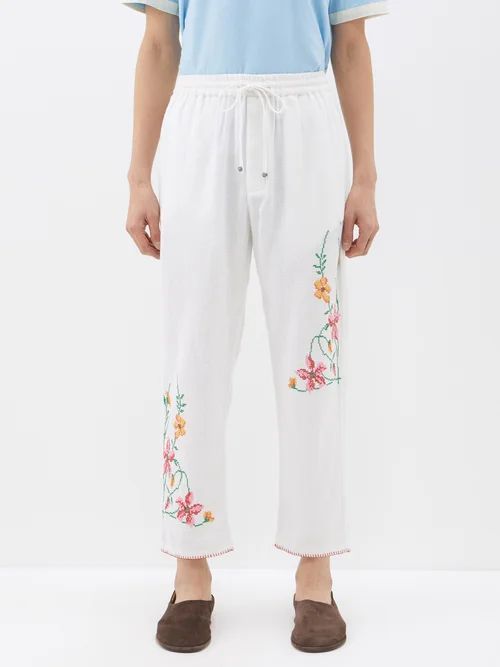 Floral Cross-stitched Linen Trousers - Mens - White Multi