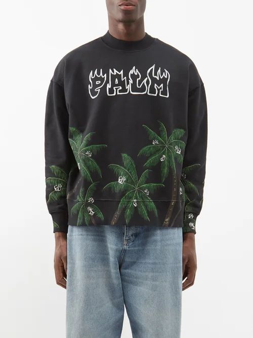 Palm Tree-print Cotton-jersey Sweatshirt - Mens - Black Green