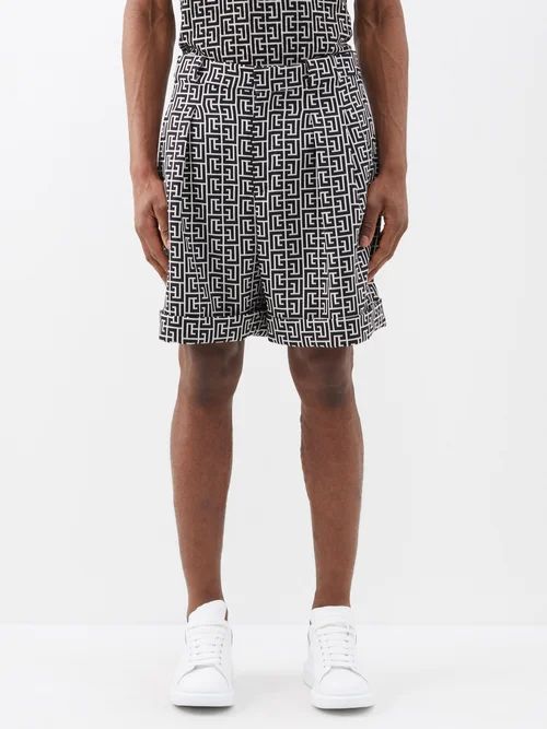 Monogram-jacquard Wool Bermuda Shorts - Mens - Ivory Black