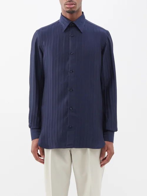 Luigi Stripe-jacquard Silk Shirt - Mens - Navy