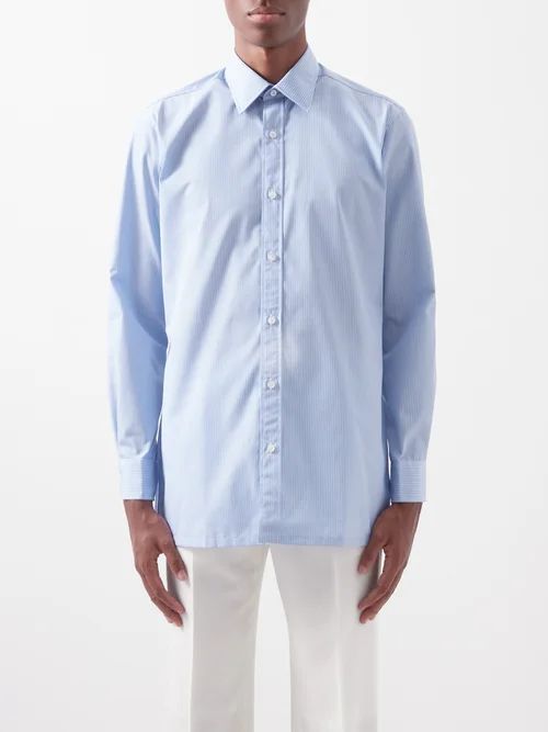 Slim-fit Striped-poplin Shirt - Mens - Blue