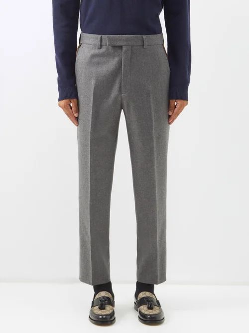 Web Stripe Wool-flannel Tailored Trousers - Mens - Dark Grey