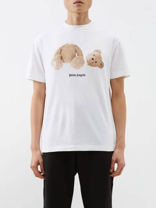 Teddy Bear-print Cotton-jersey T-shirt - Mens - White Brown