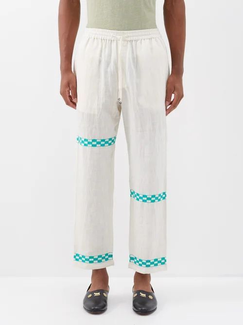 Checkerboard-embroidered Cotton-blend Trousers - Mens - White Multi