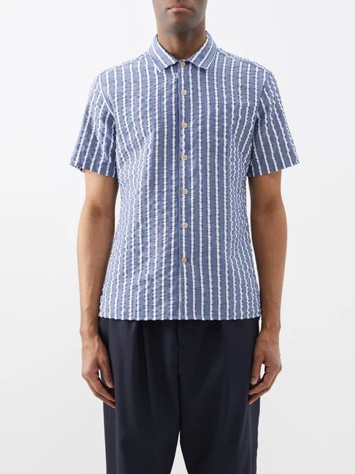 Riviera Striped Organic-cotton Seersucker Shirt - Mens - Blue White