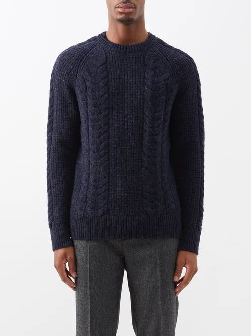 Cable-knit Donegal Wool Sweater - Mens - Navy