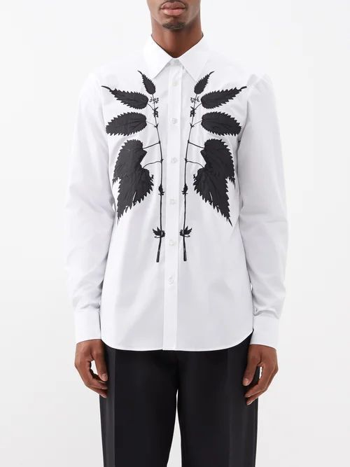 Nettle-embroidered Cotton-poplin Shirt - Mens - White Black