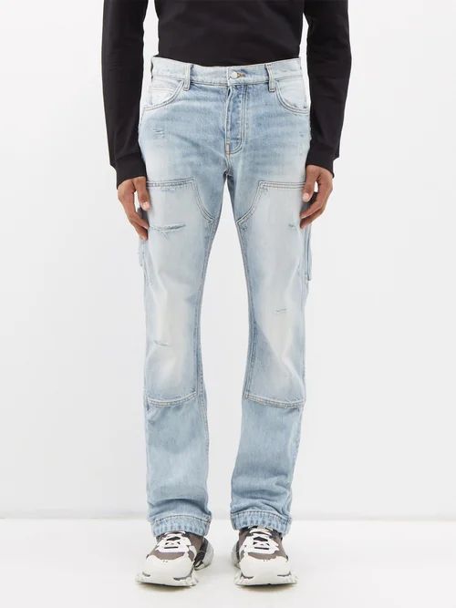 Distressed Double-knee Straight-leg Jeans - Mens - Light Indigo