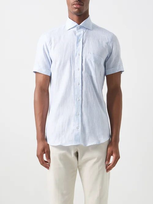 Spread-collar Striped Linen-voile Shirt - Mens - Light Blue