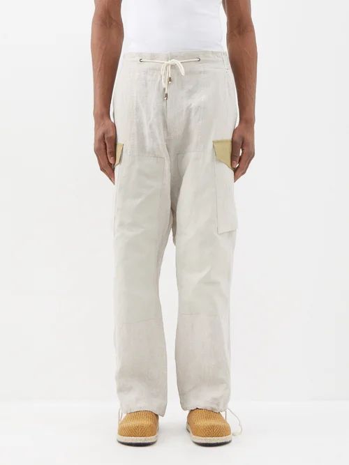 Drawstring-cuff Linen Cargo Trousers - Mens - Oatmeal