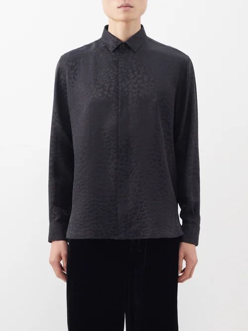 Animal-print Jacquard Yves-collar Silk-satin Shirt - Mens - Black