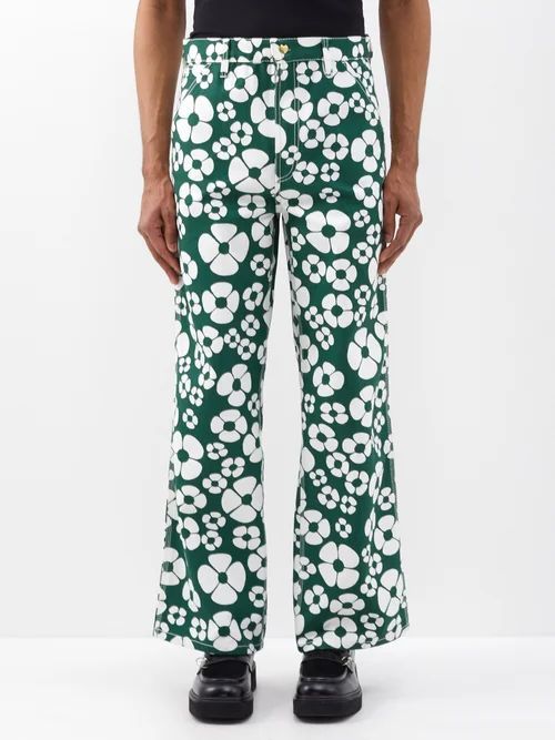X Carhartt Wip Floral-print Cotton Trousers - Mens - Rainforest Green