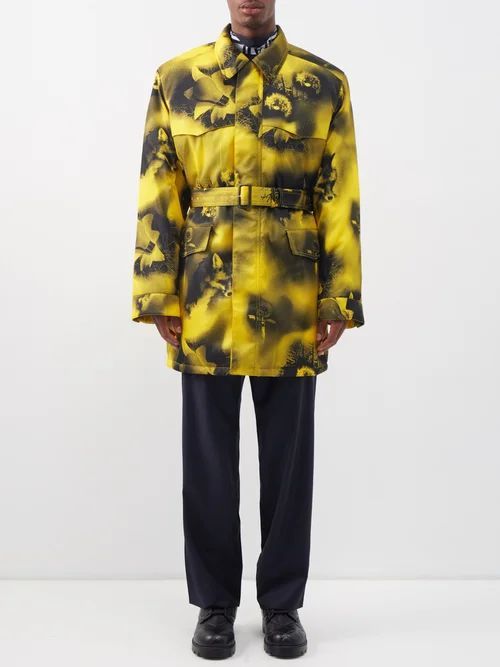 Printed Belted Re-nylon Trench Coat - Mens - Yellow Black