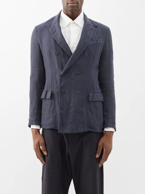 Giacca Double-breasted Linen Blazer - Mens - Navy