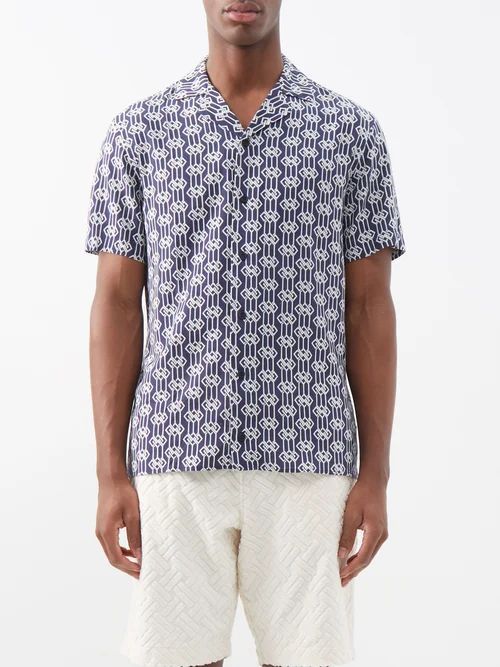 Travis Waypoint-print Cuban-collar Shirt - Mens - Navy Multi