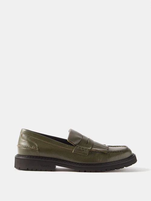 Kiltee Fringed Leather Loafers - Mens - Olive
