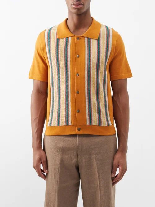 Striped Cotton Polo Shirt - Mens - Camel