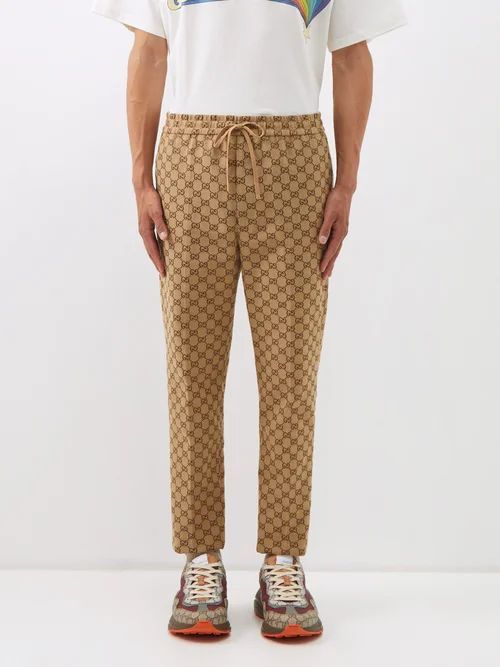 GG-jacquard Cotton-blend Canvas Trousers - Mens - Beige