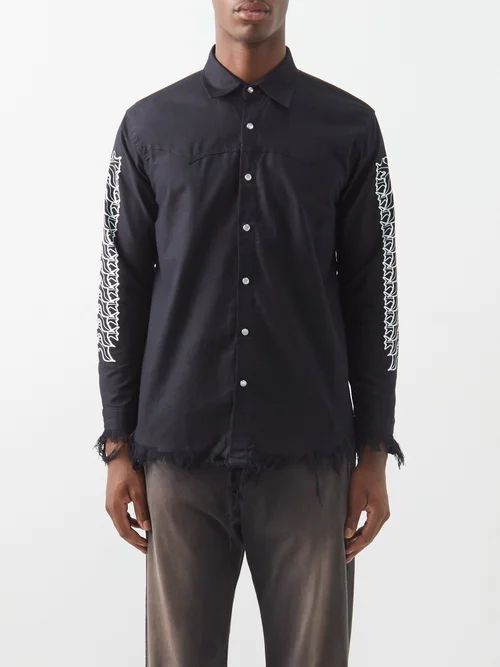 Frayed Floral-print Cotton Shirt - Mens - Black