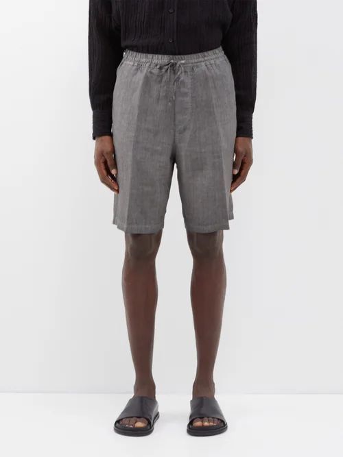 120% Lino - Drawstring-waist Linen Shorts - Mens - Dark Grey