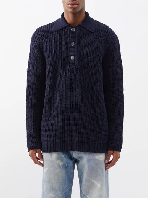 Big Piquet Rib-knit Cotton Sweater - Mens - Navy