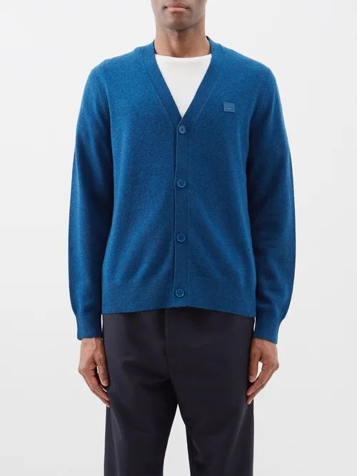 Face-patch Wool Cardigan - Mens - Blue