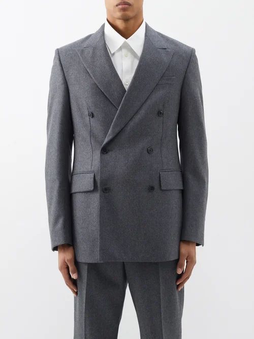 Double-breasted Wool Suit Jacket - Mens - Light Grey
